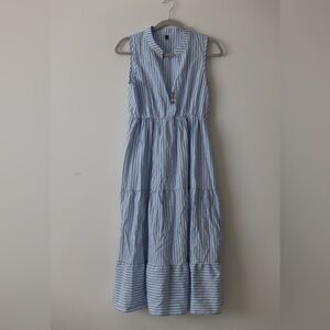 Brovave Blue and White Stripe MIDI Dress - tan buttons nursing friendly